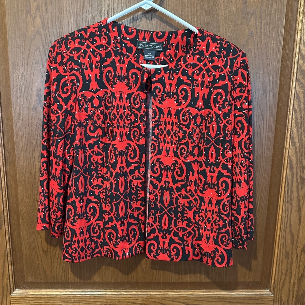 Jessica‎ Howard Women's Red Black Ornate Sequin Accent Open Front Cardigan 12P